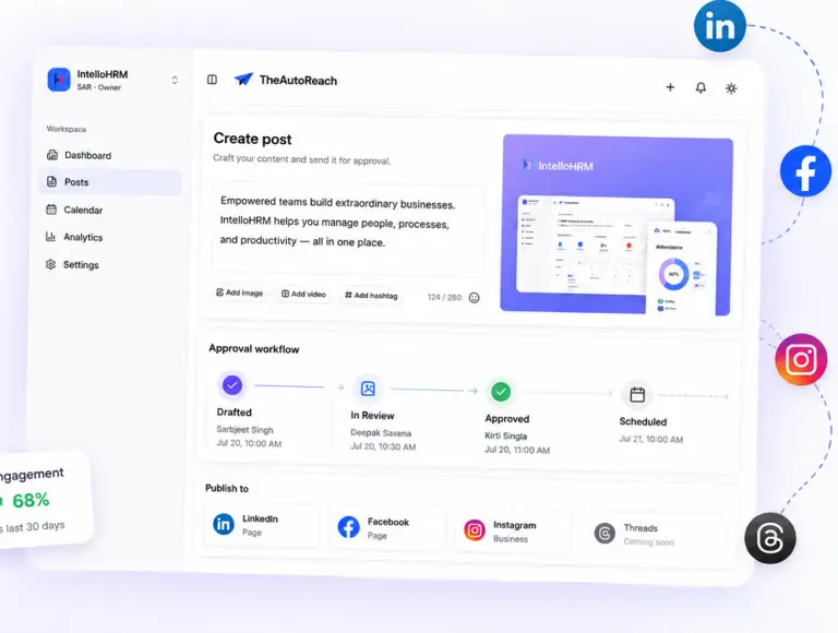 TheAutoReach compose screen for free social media scheduling